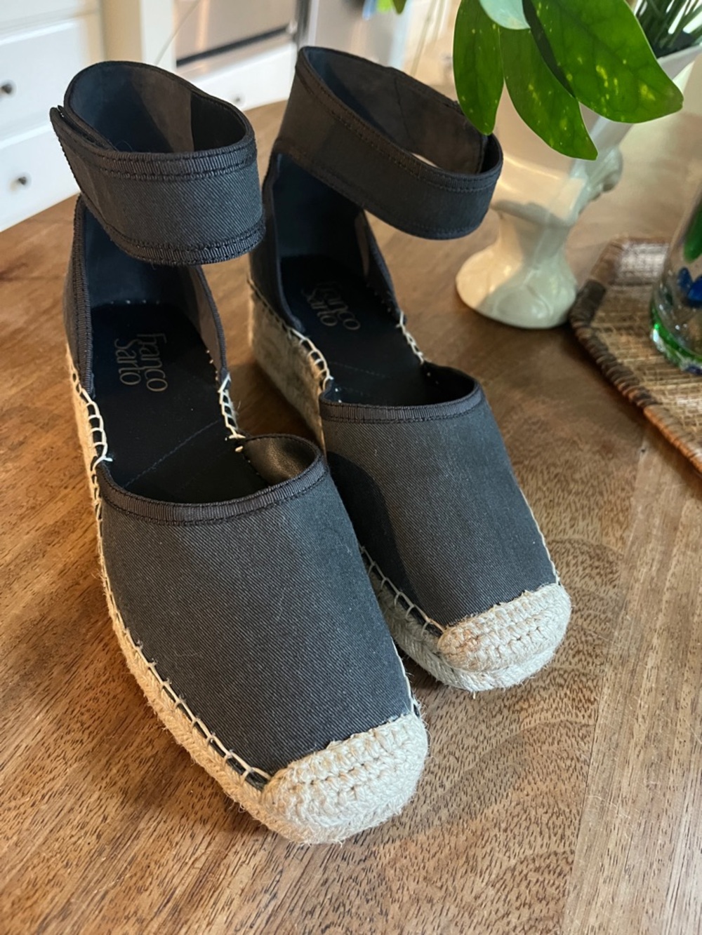 Franco Sarto Black Canvas Espadrille Wedge with Ankle Strap and Jute Toe